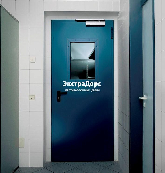 Противопожарная дверь 1 типа синяя c выпадающим порогом с остеклением в Дмитрове  купить